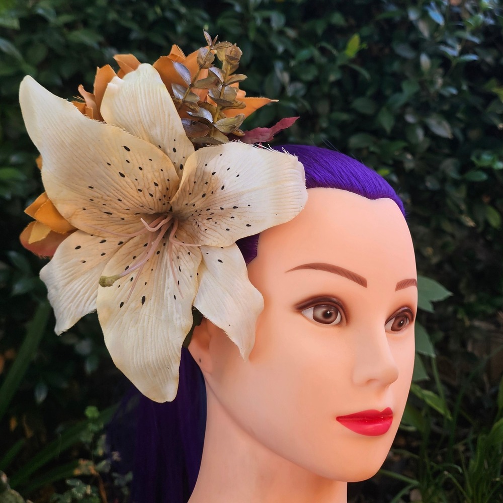 Handmade Chrysanthemum & Lily Hair Flower Clip Fascinator Pinup Rockabilly Tiki